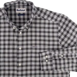 Barbour Men's Medium Lomond Tailored Shirt Gray Black Tartan Plaid Long Sleeve